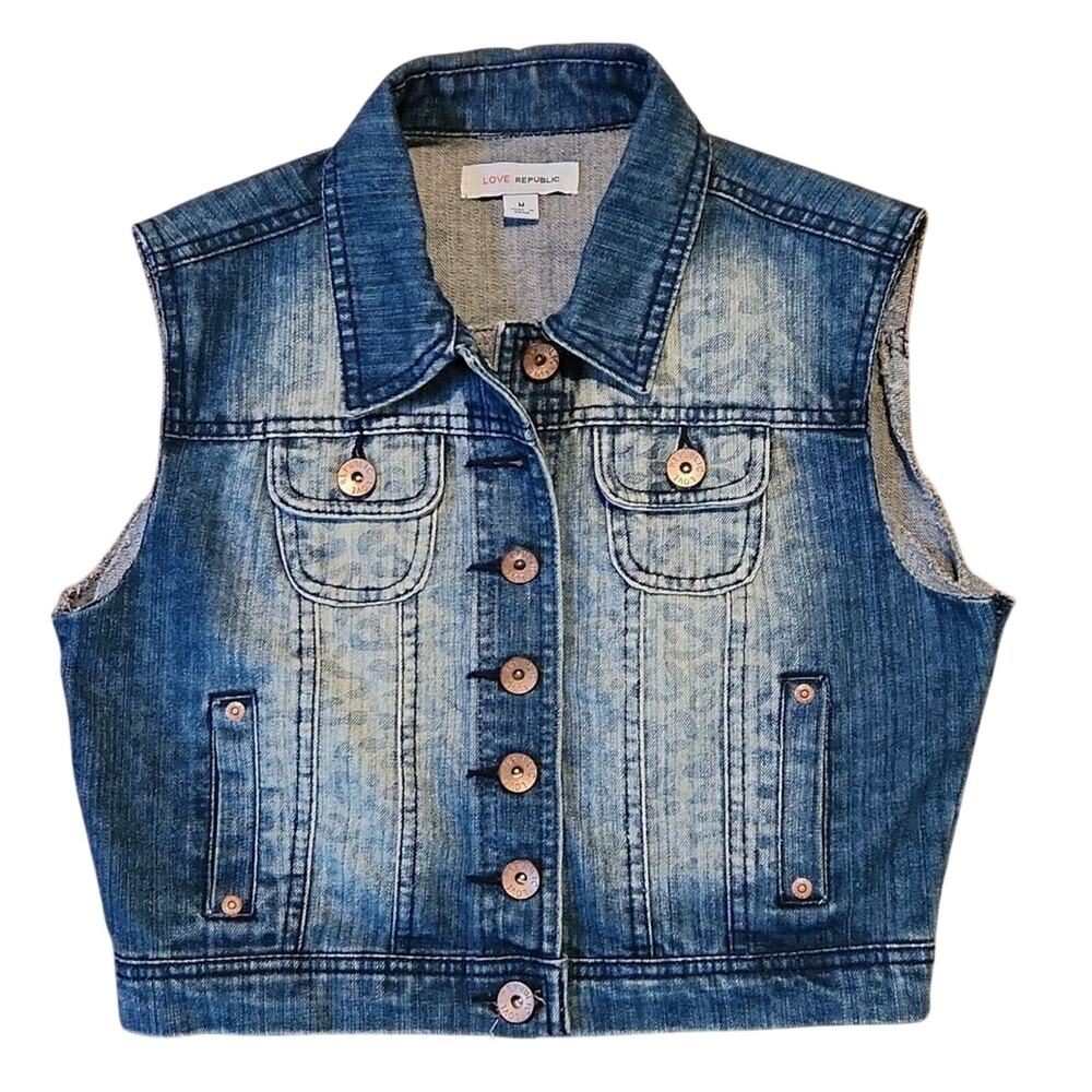 Love Republic Juniors Medium denim jeans vest with animal print